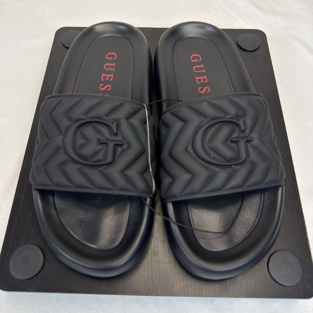 Guess Mens GMSOLIANO-R Quilted Logo Slide Sandals Chevron Black Size 8M